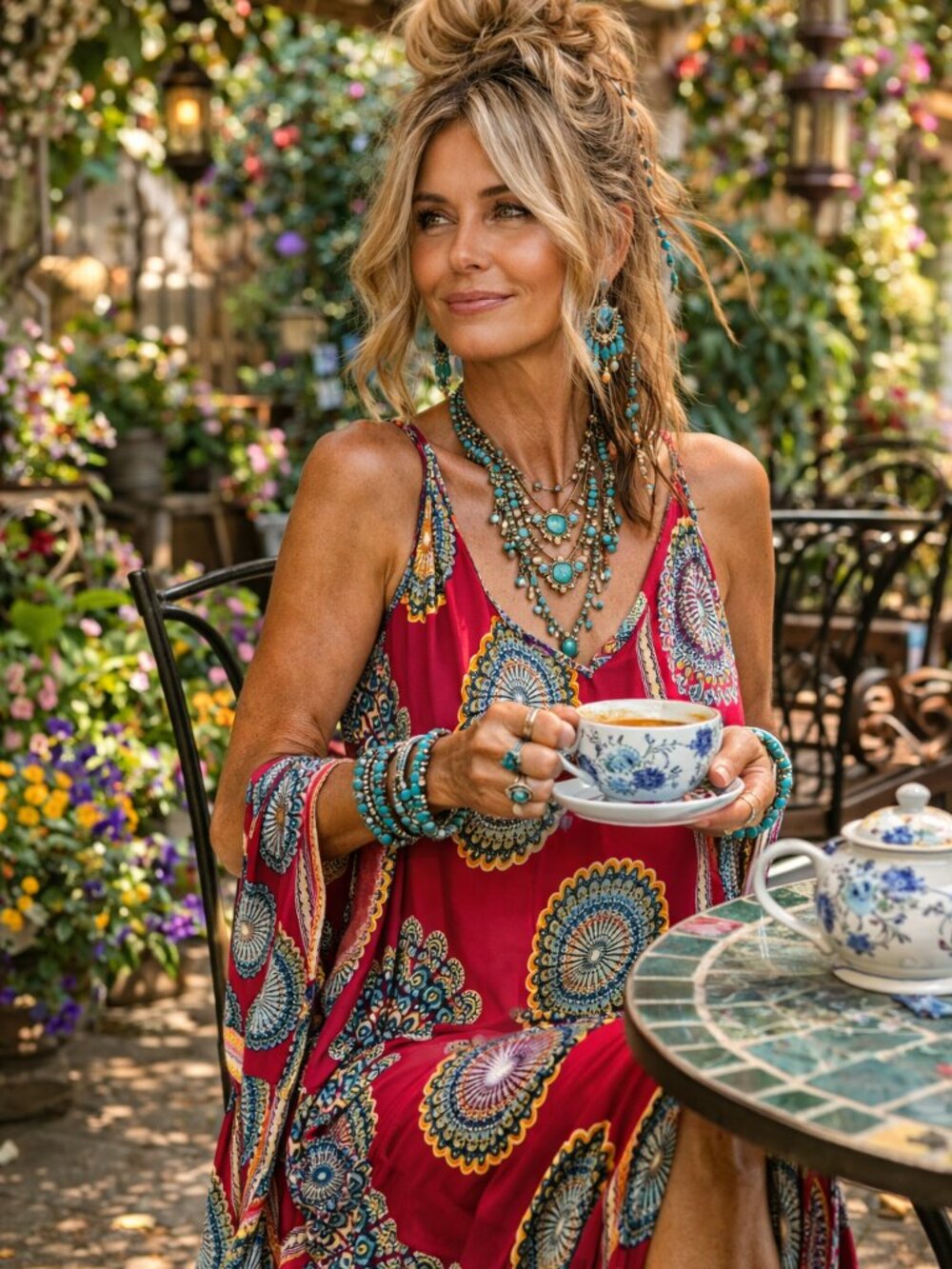 Bright Red Boho Maxi Dress with Medallion Print